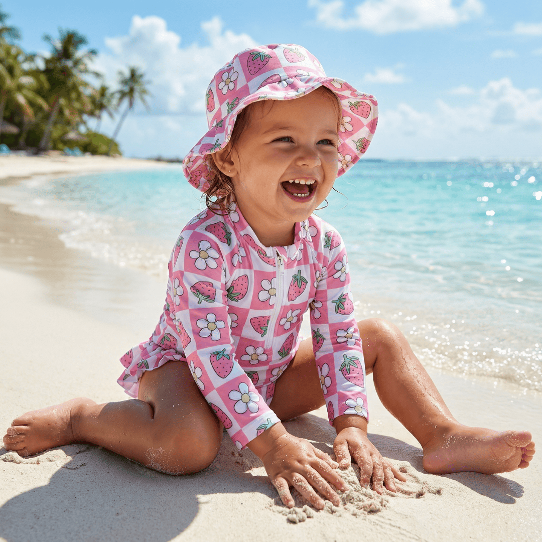 Floral Print Rash Guard & Hat Swimsuit Set