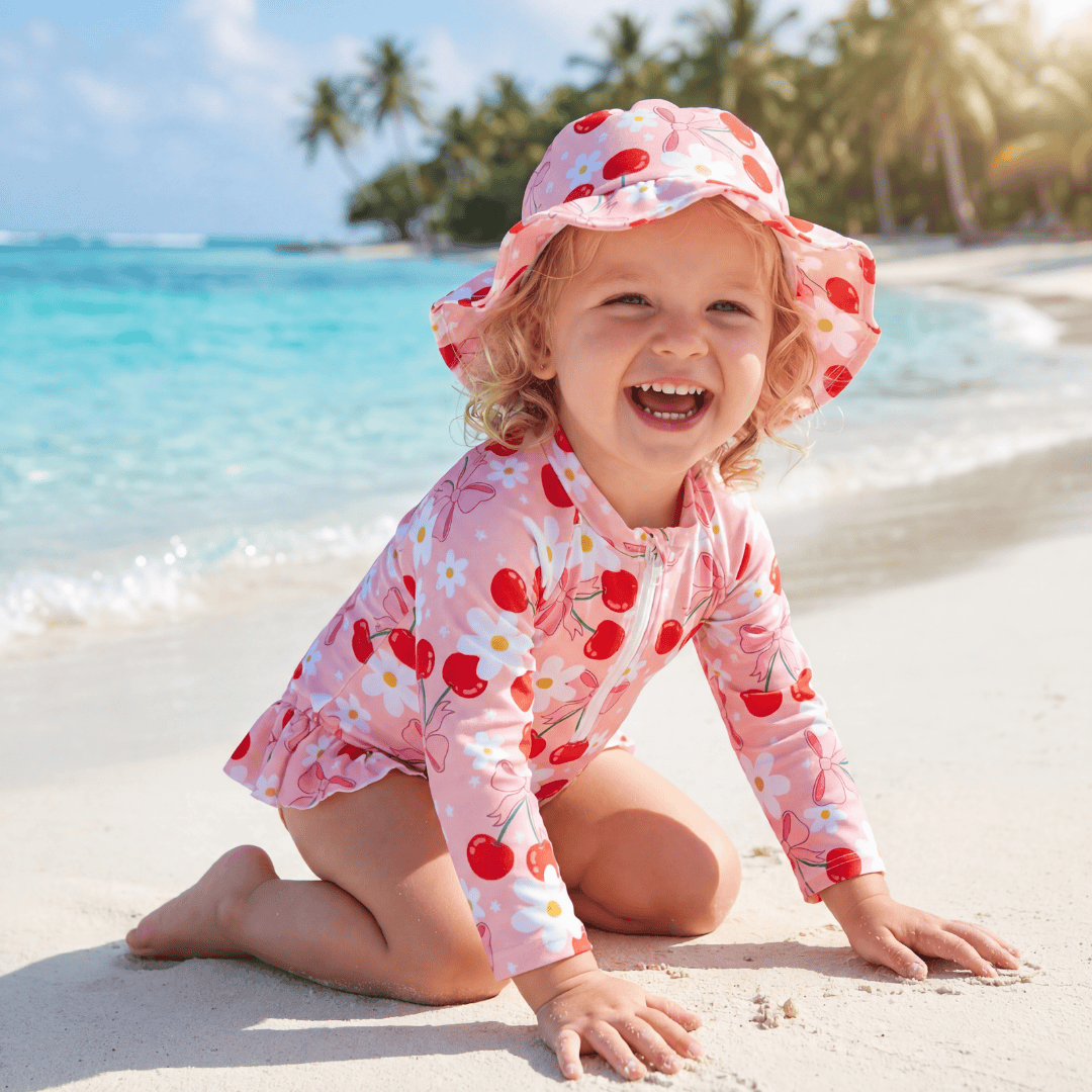 Floral Print Rash Guard & Hat Swimsuit Set