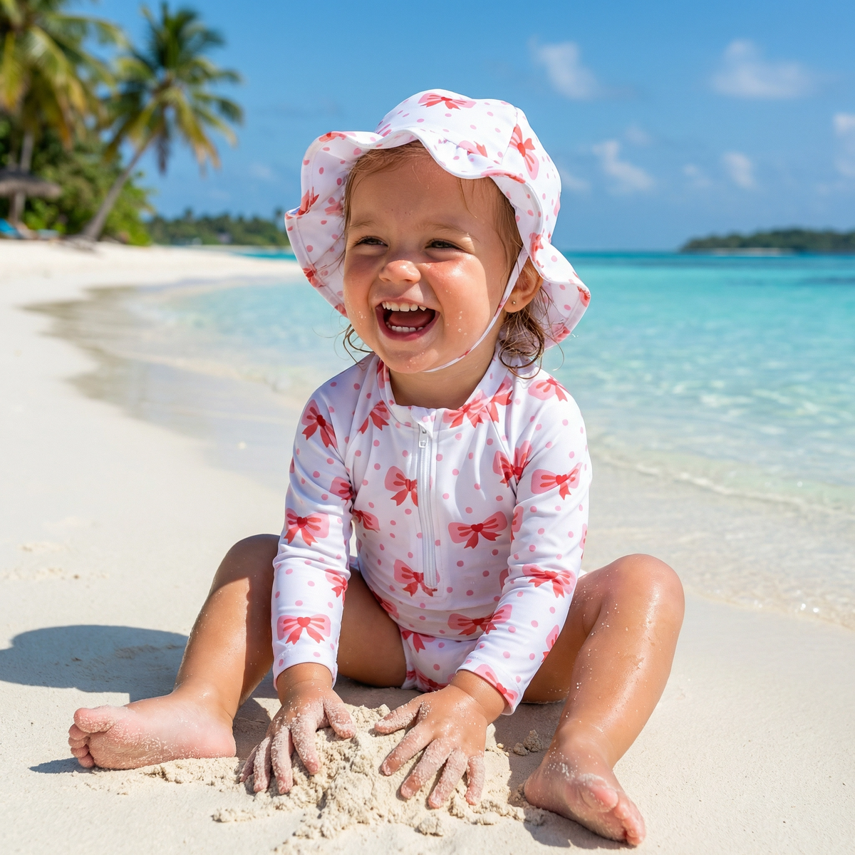 Floral Print Rash Guard & Hat Swimsuit Set