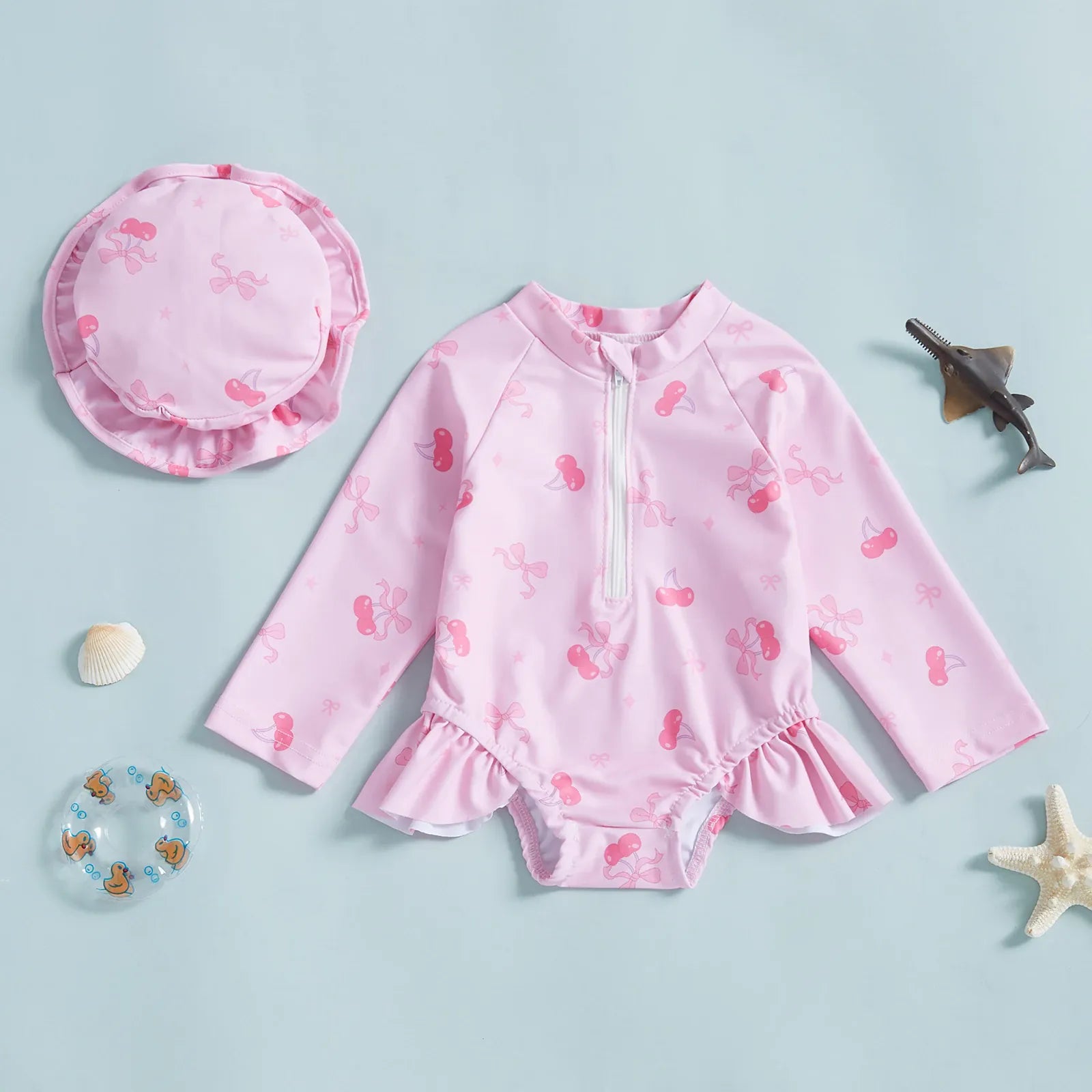 Pink Cherry / 6-9M Floral Print Rash Guard & Hat Swimsuit Set