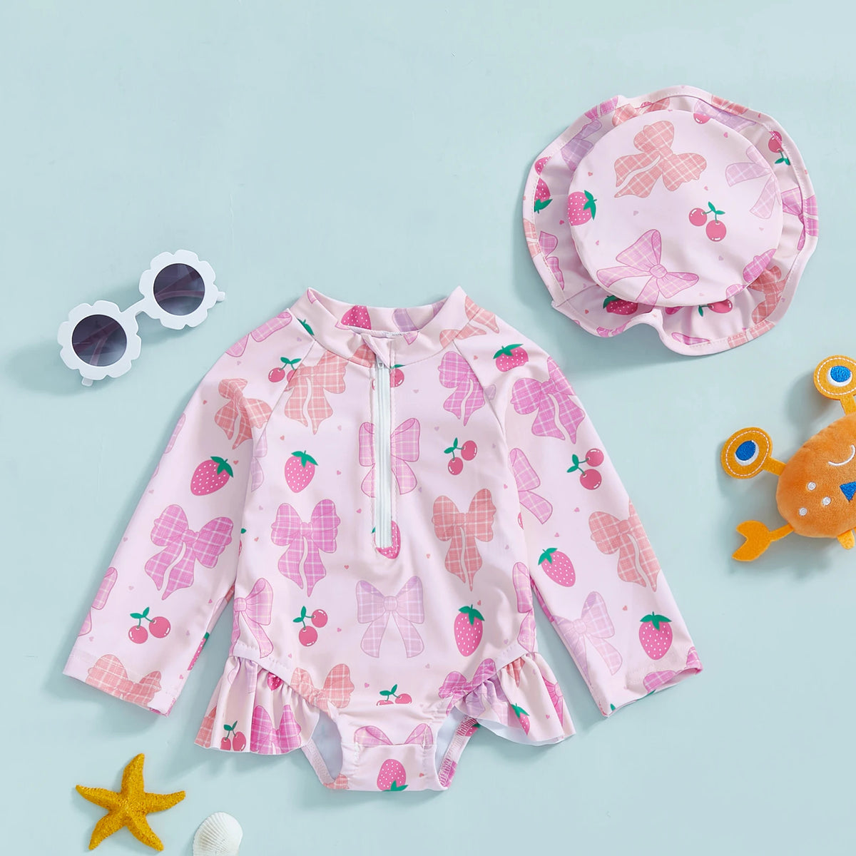 Pink Berry Bow / 6-9M Floral Print Rash Guard & Hat Swimsuit Set