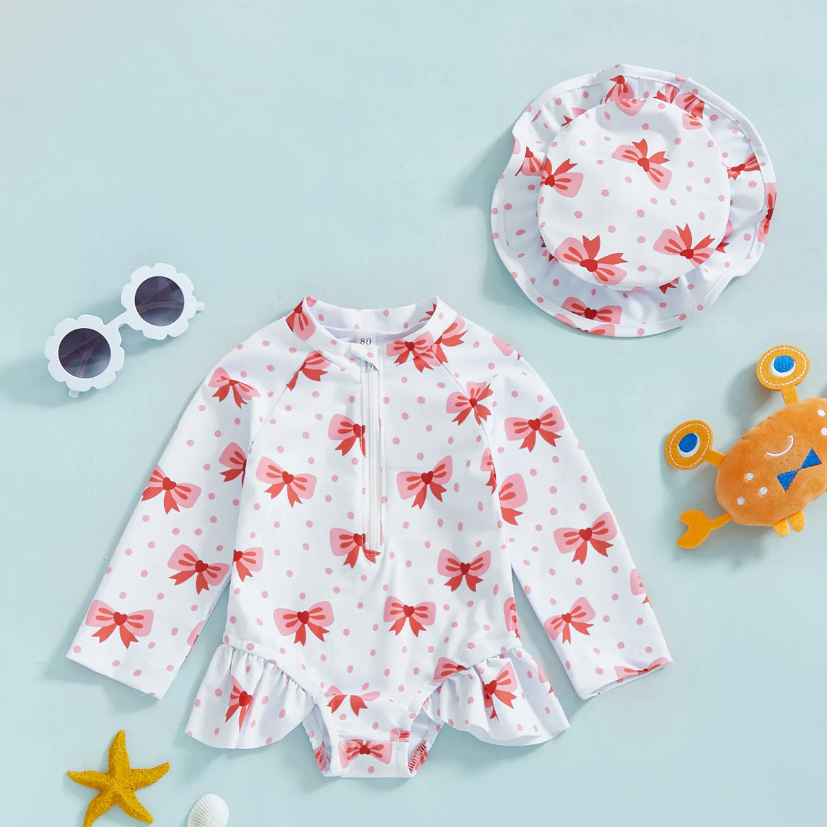 Cherry Bow Polka / 6-9M Floral Print Rash Guard & Hat Swimsuit Set