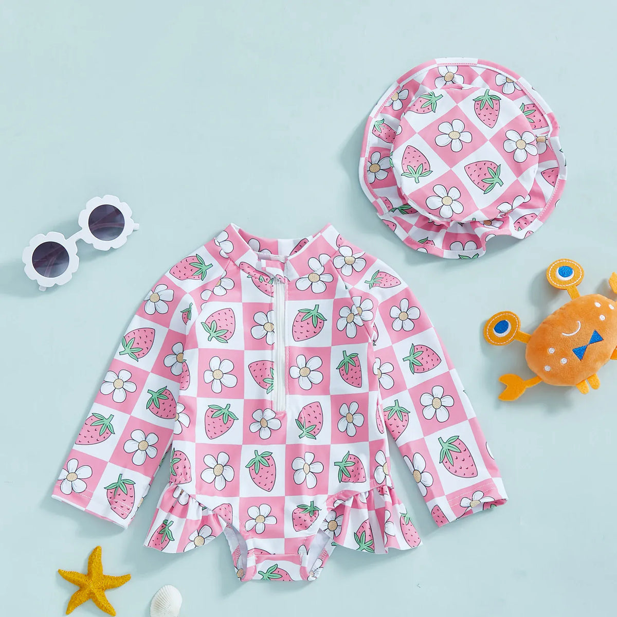 Pink Strawberry Check / 6-9M Floral Print Rash Guard & Hat Swimsuit Set