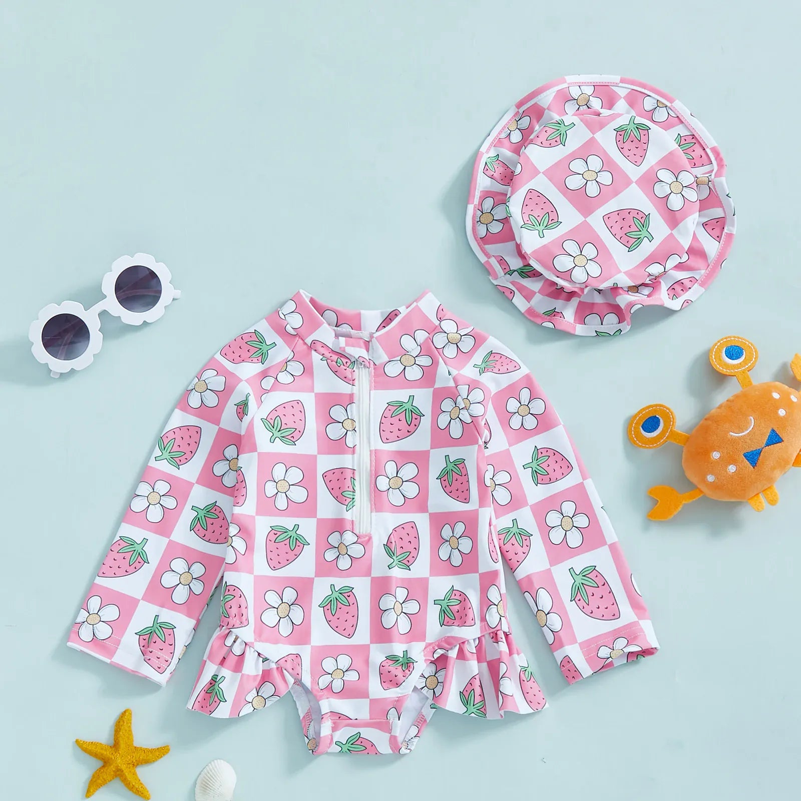 Pink Strawberry Check / 6-9M Floral Print Rash Guard & Hat Swimsuit Set