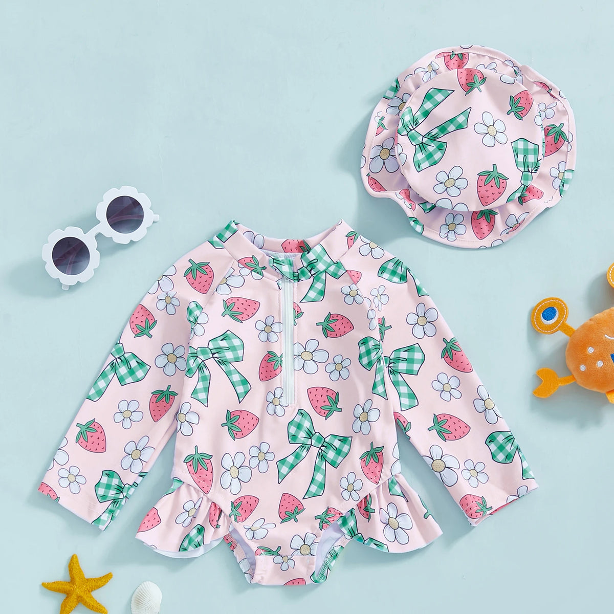 Pink Strawberry Ribbon Garden / 6-9M Floral Print Rash Guard & Hat Swimsuit Set