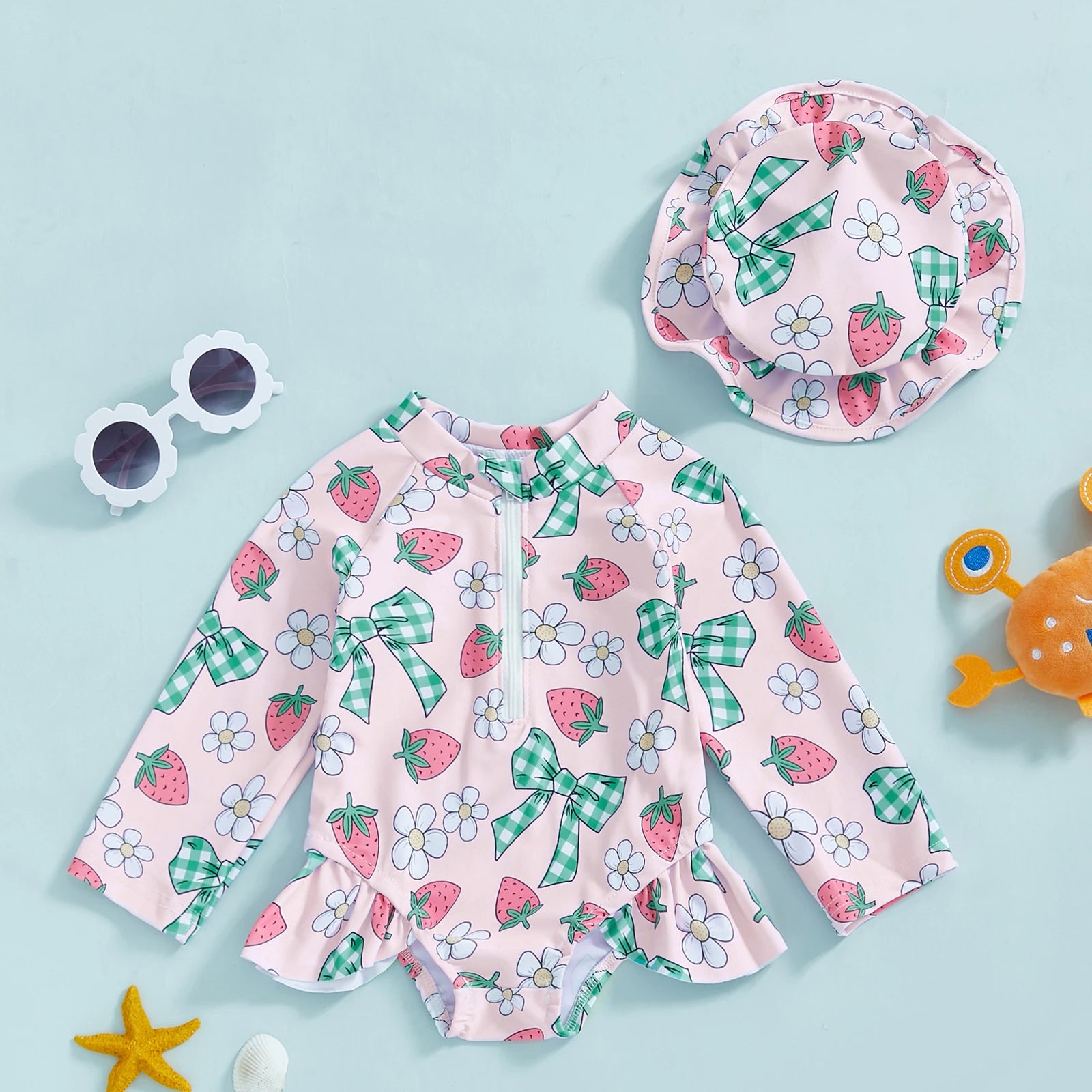 Pink Strawberry Ribbon Garden / 6-9M Floral Print Rash Guard & Hat Swimsuit Set