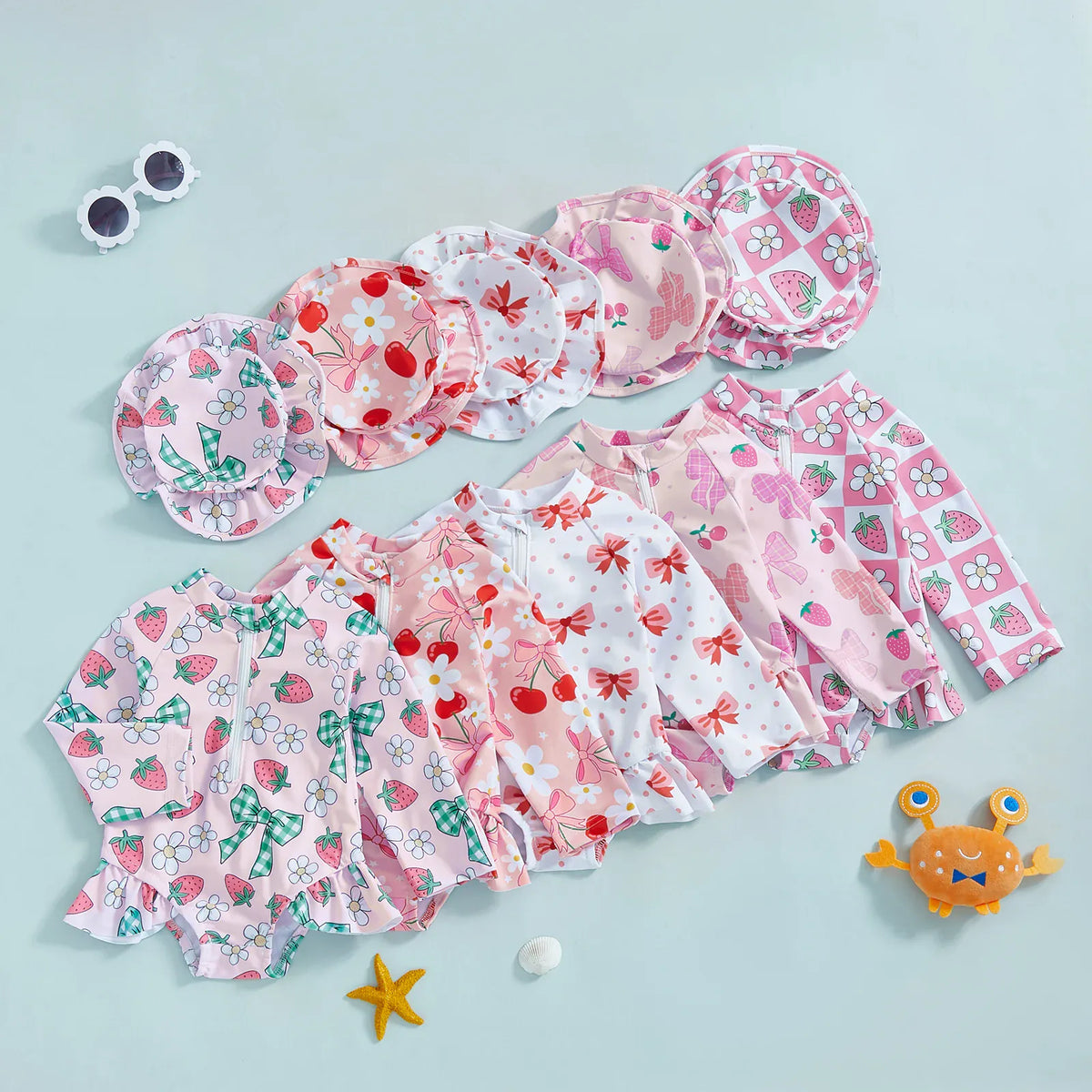 Floral Print Rash Guard & Hat Swimsuit Set