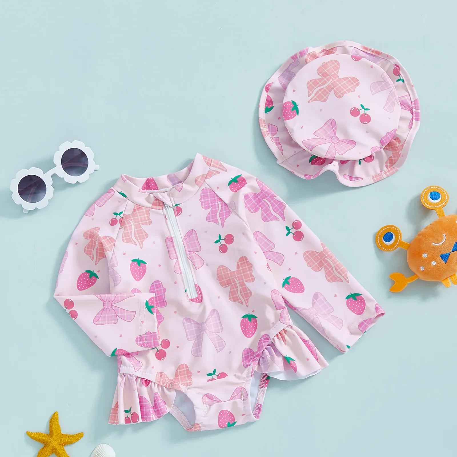 Floral Print Rash Guard & Hat Swimsuit Set
