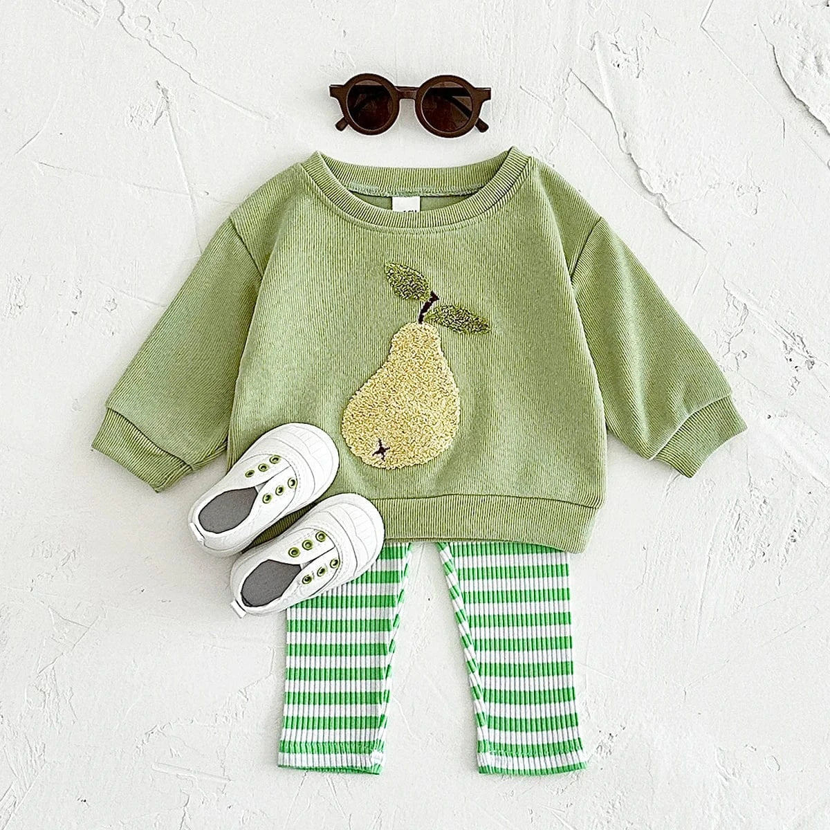 Pear / 6-9M Fruit Embroidered Sweatshirt and Striped Pants Set