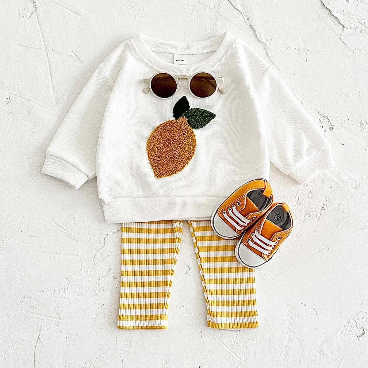 Lemon / 6-9M Fruit Embroidered Sweatshirt and Striped Pants Set