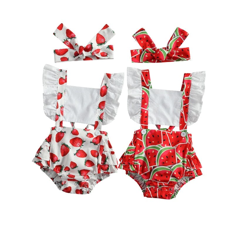 Fruit Print Backless Ruffles Short Sleeve Jumpsuits