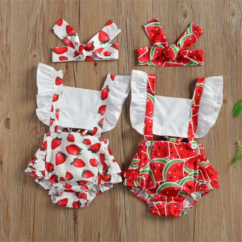 Fruit Print Backless Ruffles Short Sleeve Jumpsuits