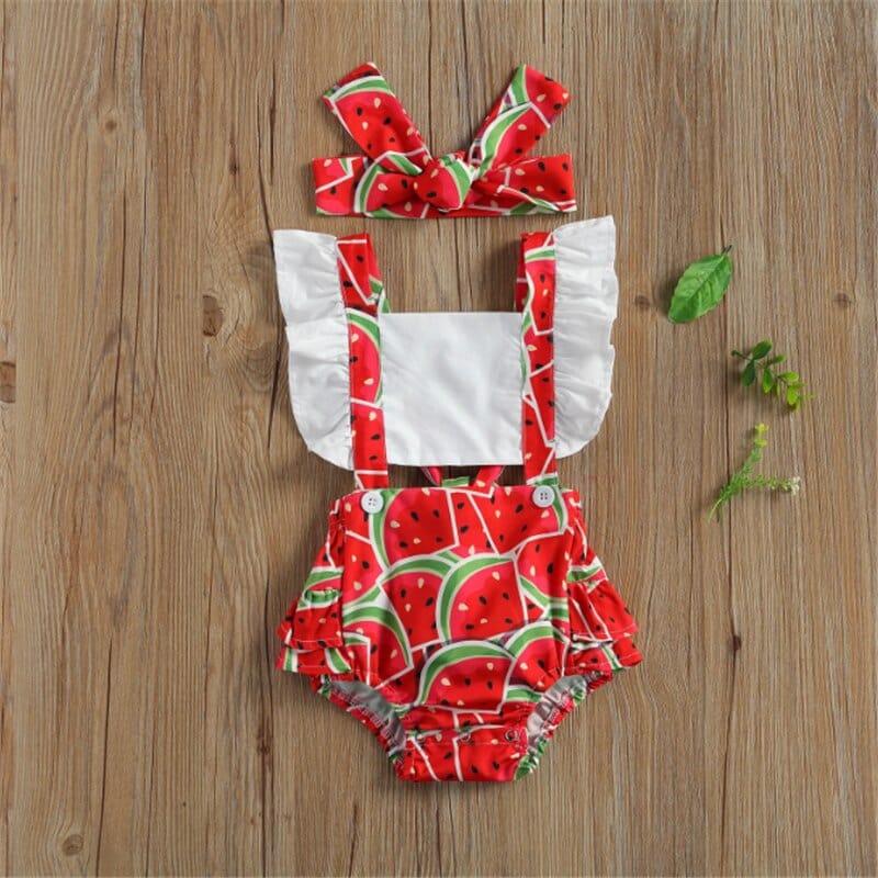 Fruit Print Backless Ruffles Short Sleeve Jumpsuits