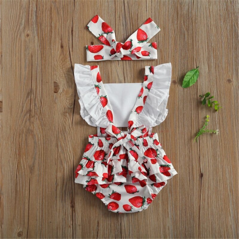 Fruit Print Backless Ruffles Short Sleeve Jumpsuits