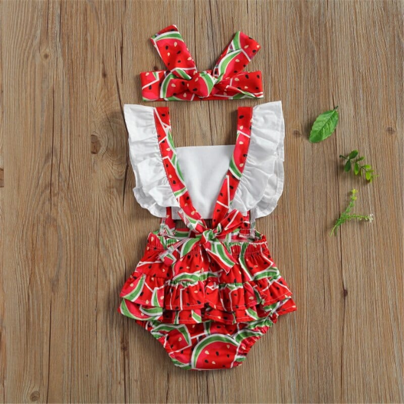Fruit Print Backless Ruffles Short Sleeve Jumpsuits