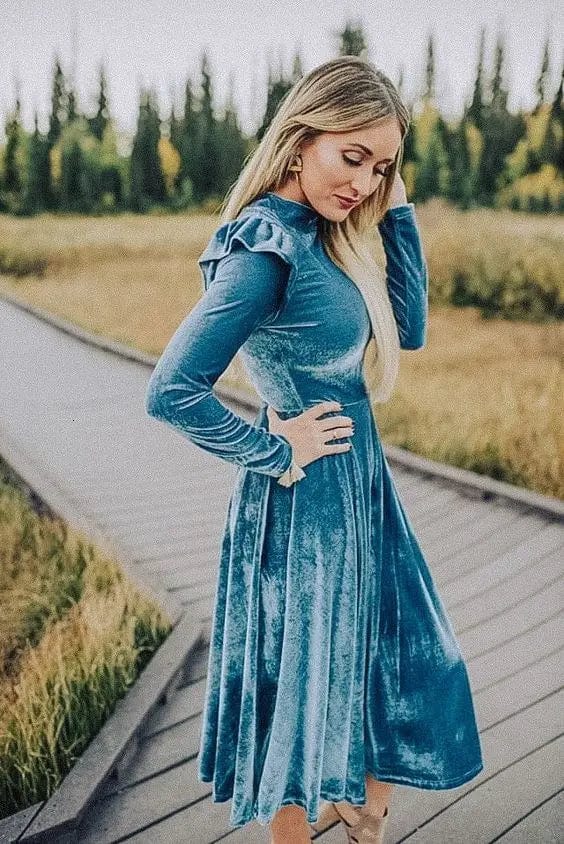 Matching Mother Daughter Velvet Dresses, Blue / 0-1T