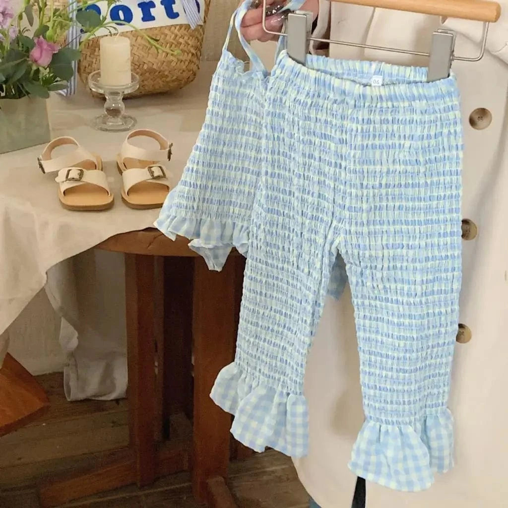 Gingham Ruffle Top and Elastic Waist Pants Set