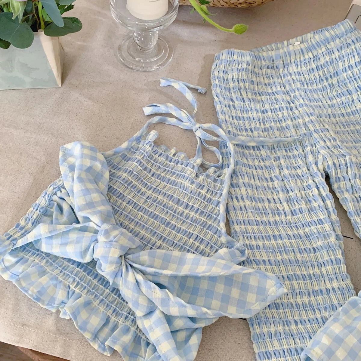 Gingham Ruffle Top and Elastic Waist Pants Set