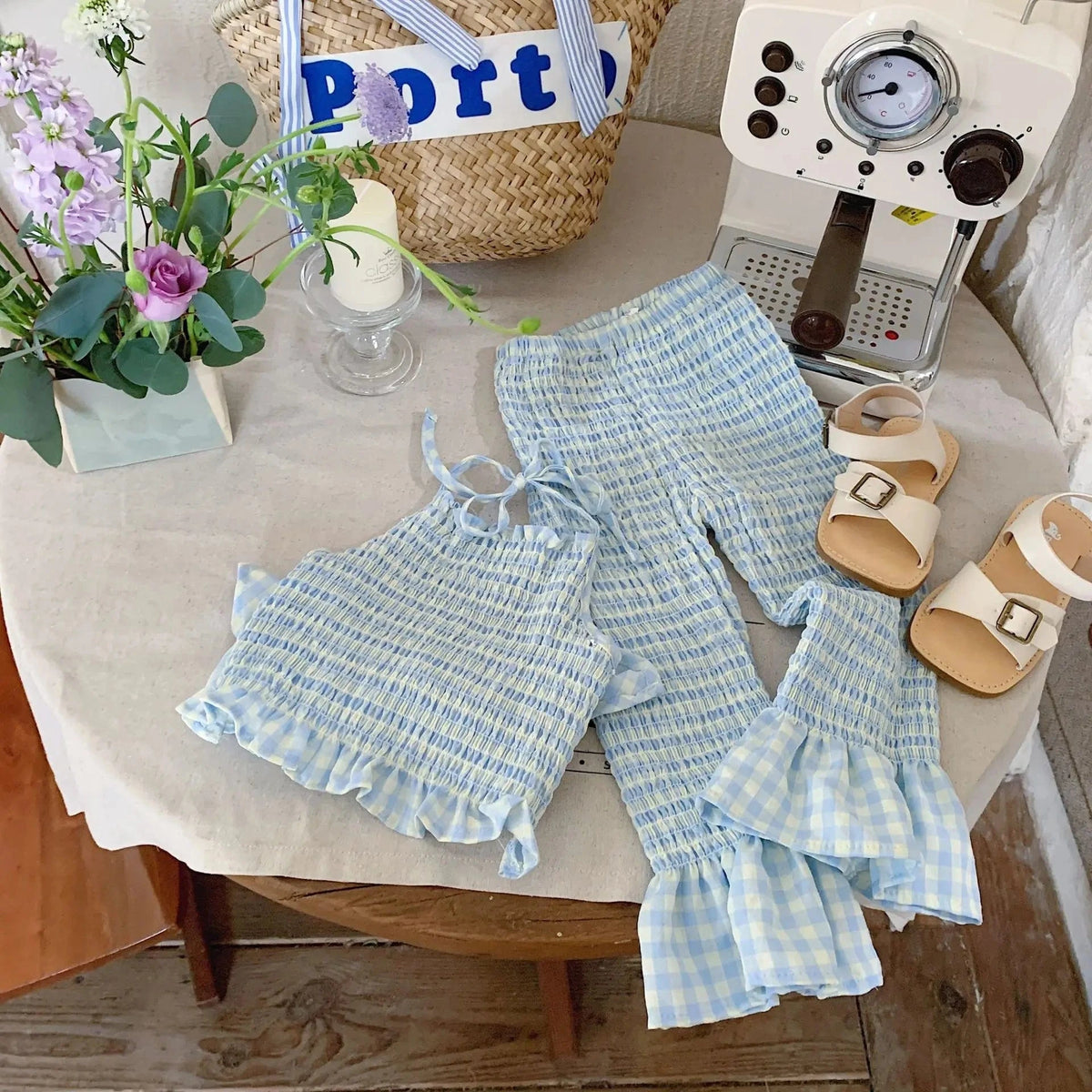Gingham Ruffle Top and Elastic Waist Pants Set