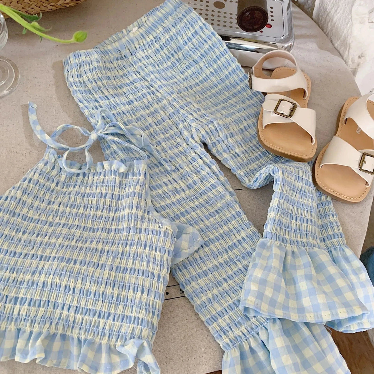 Gingham Ruffle Top and Elastic Waist Pants Set