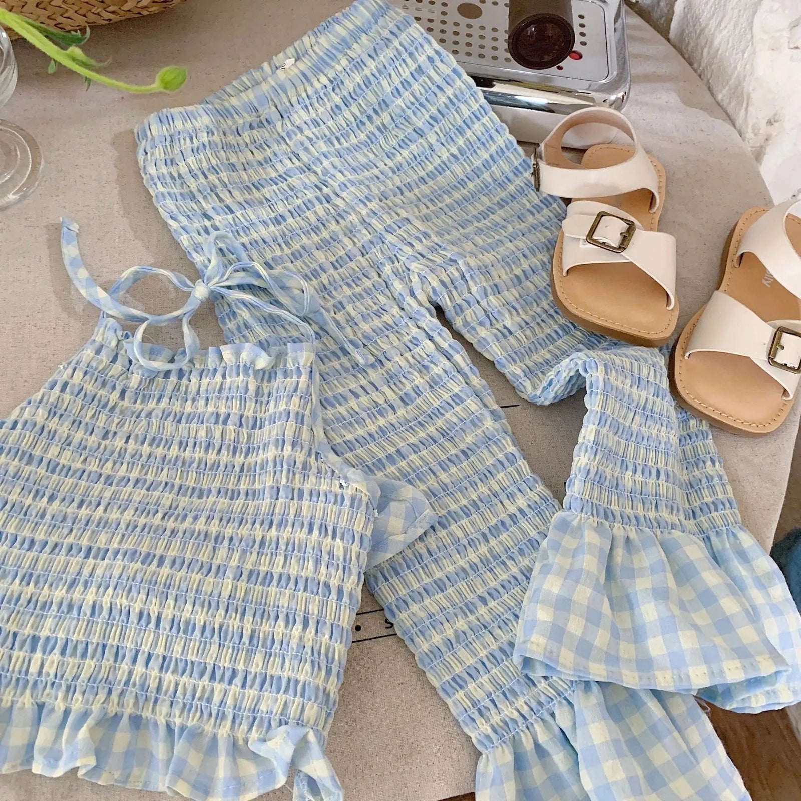 Gingham Ruffle Top and Elastic Waist Pants Set