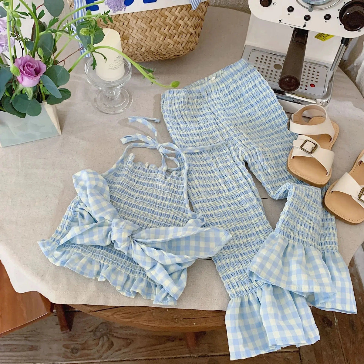 Blue / 12-18M Gingham Ruffle Top and Elastic Waist Pants Set