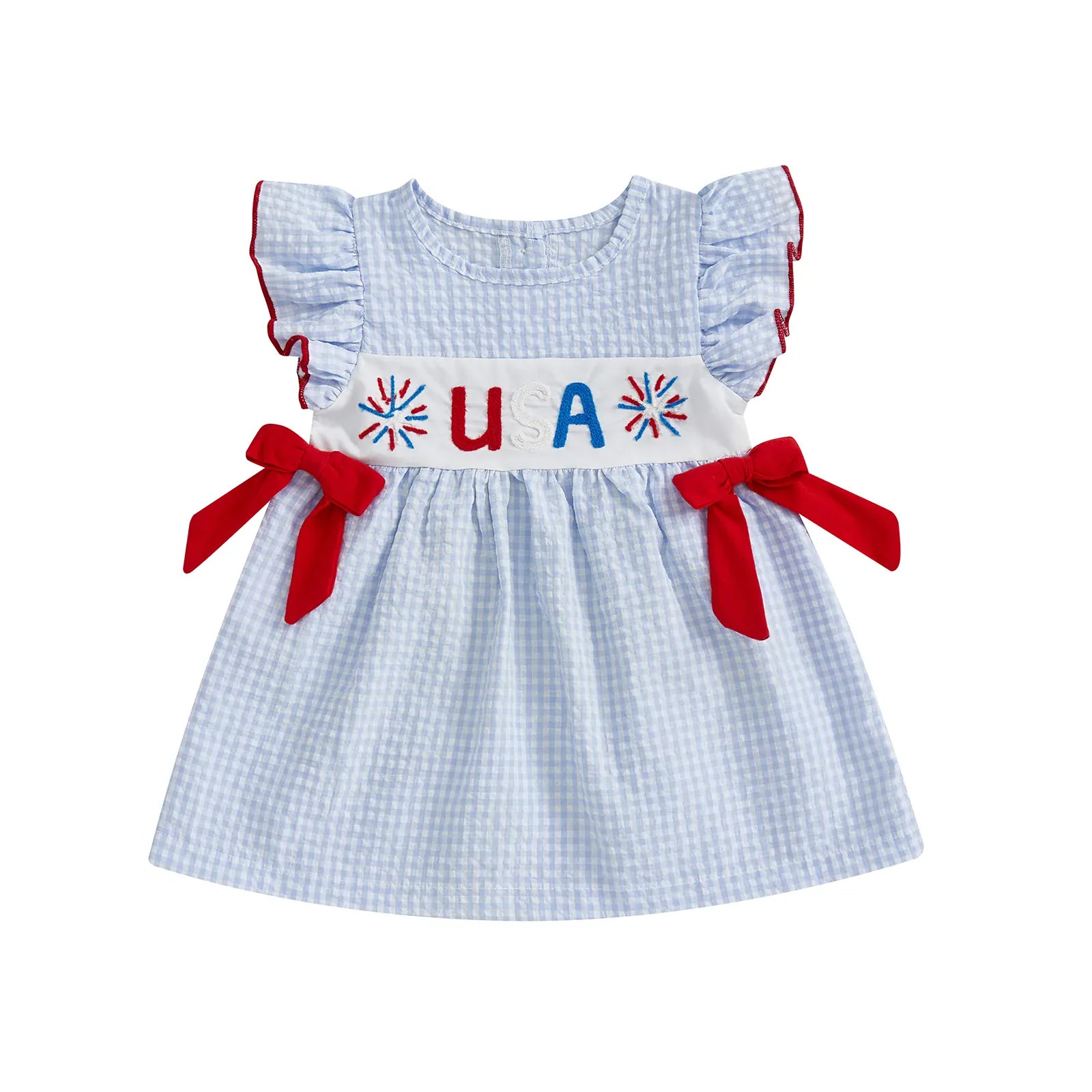 Girl 4th of July USA Firework Embroidery Flying Sleeve Dress