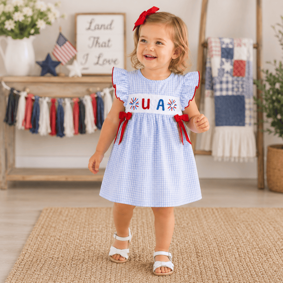 Girl 4th of July USA Firework Embroidery Flying Sleeve Dress