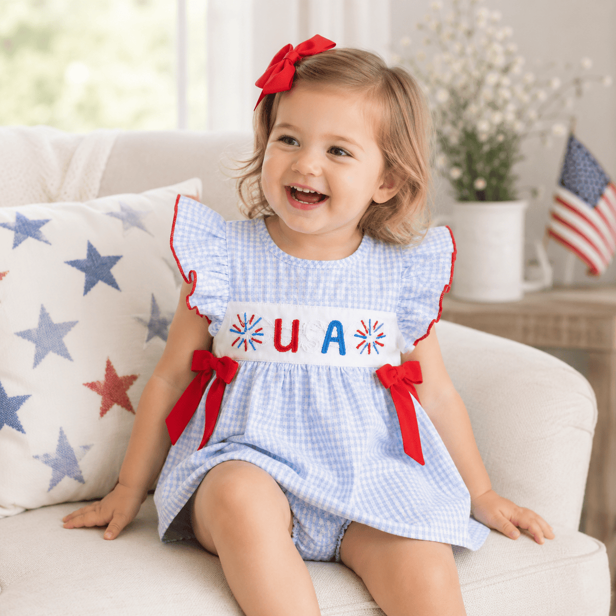 Girl 4th of July USA Firework Embroidery Flying Sleeve Dress