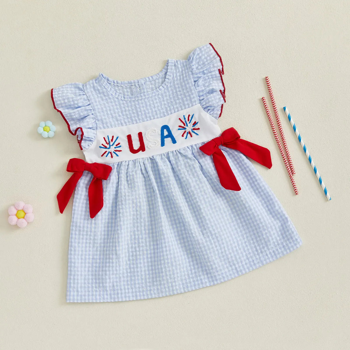 Blue / 6-12M Girl 4th of July USA Firework Embroidery Flying Sleeve Dress