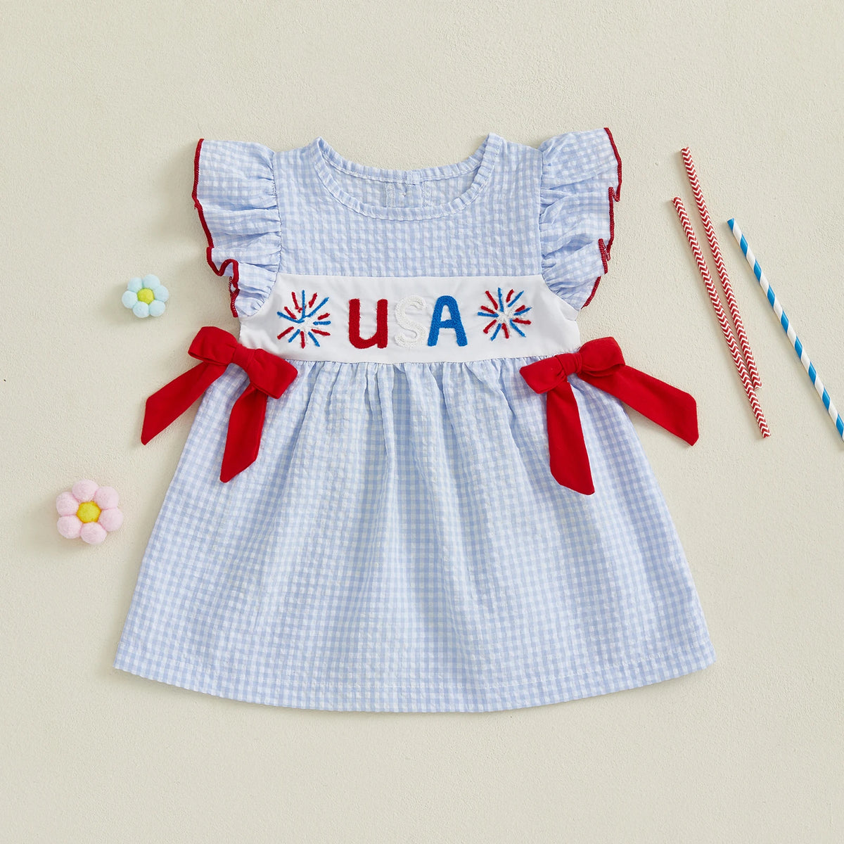 Girl 4th of July USA Firework Embroidery Flying Sleeve Dress