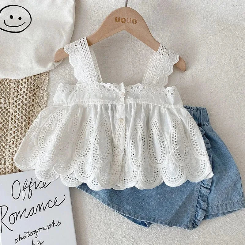 Girl Lace Crop Top & Denim Shorts Set