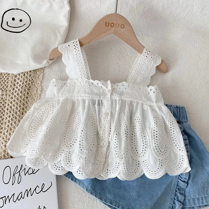 Girl Lace Crop Top & Denim Shorts Set