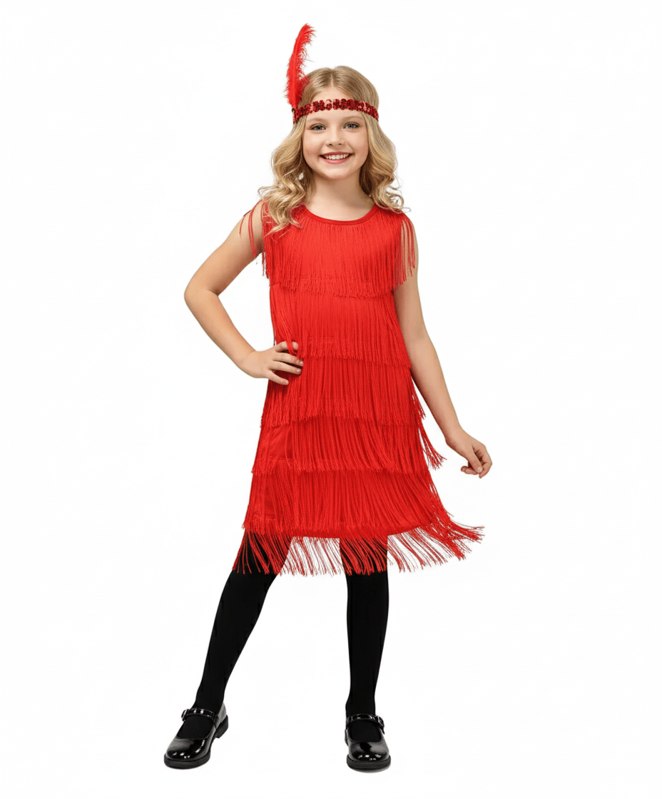Red / 4-6T Girl's 1920s Flapper Dress with Sequins and Fringe