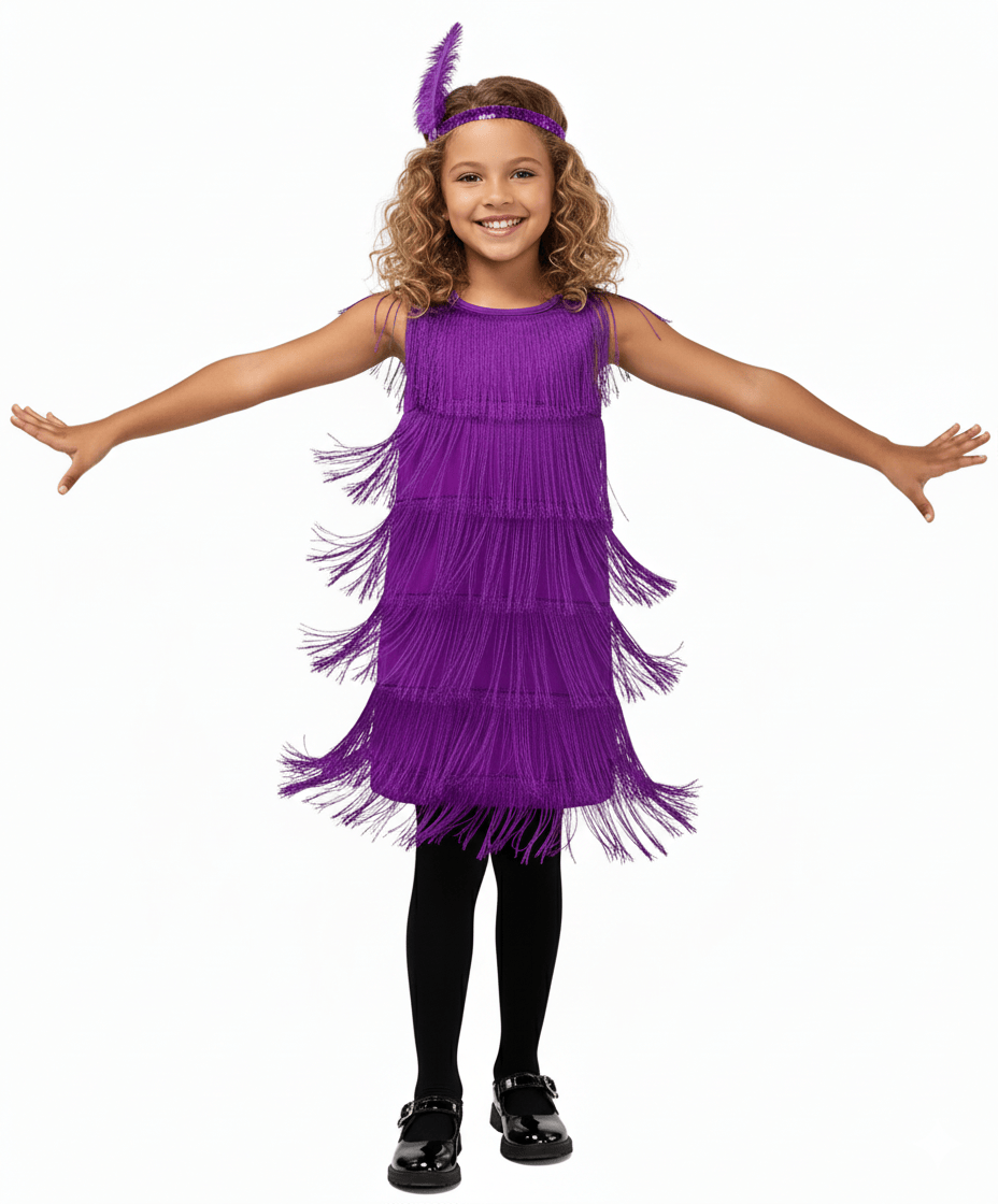 Purple / 4-6T Girl's 1920s Flapper Dress with Sequins and Fringe