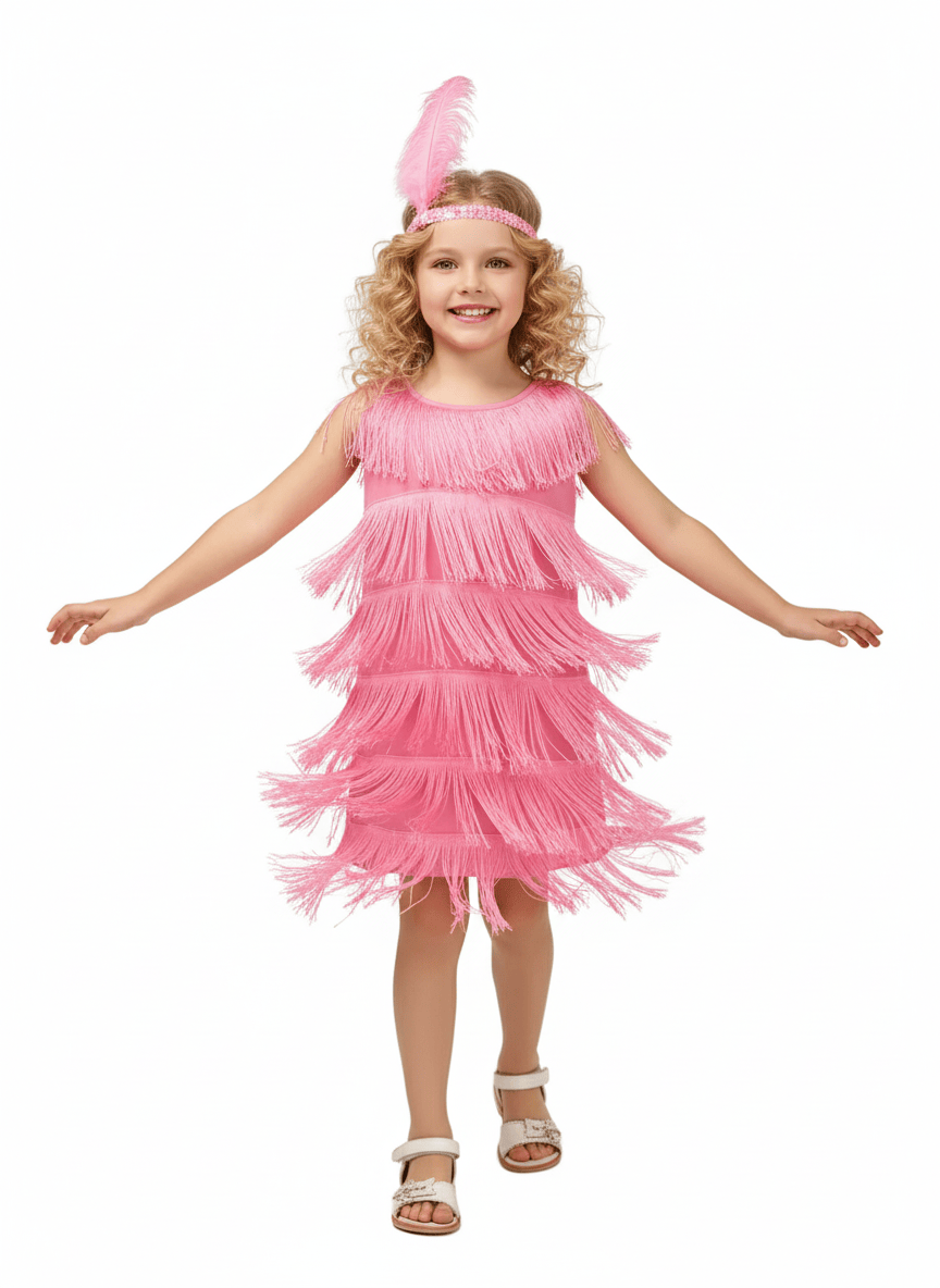 Pink / 4-6T Girl's 1920s Flapper Dress with Sequins and Fringe