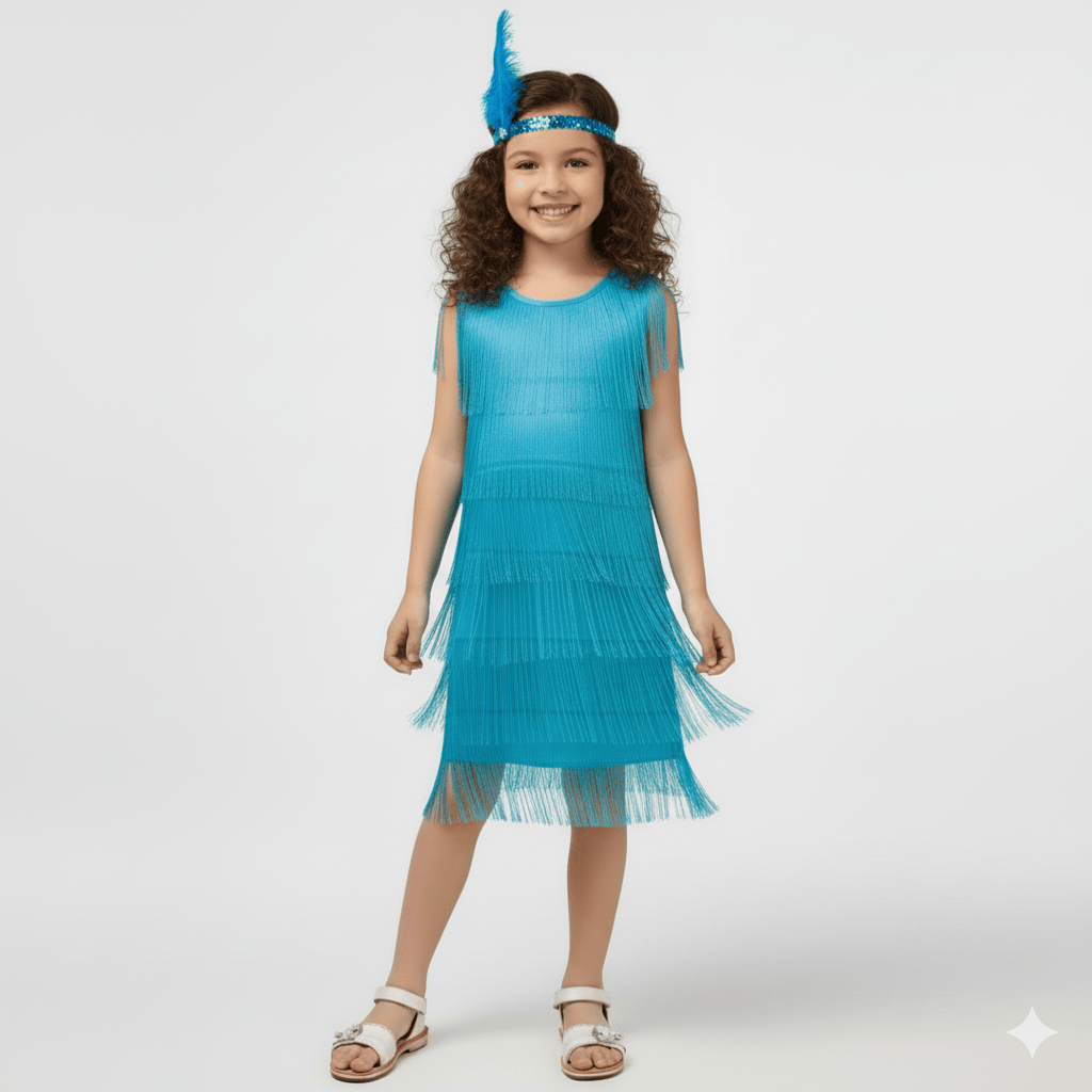 Blue / 7-9T Girl's 1920s Flapper Dress with Sequins and Fringe