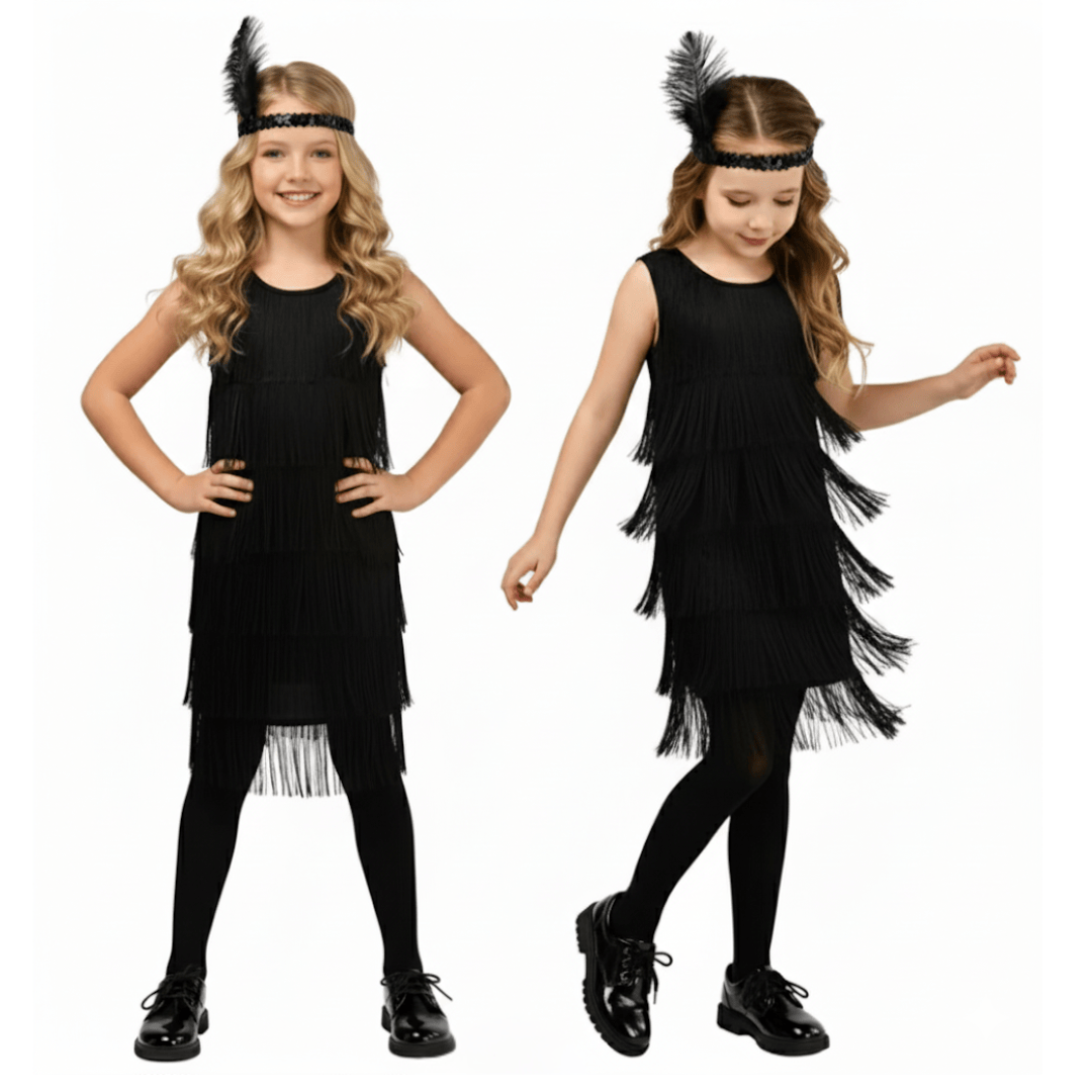 Black / 7-9T Girl's 1920s Flapper Dress with Sequins and Fringe
