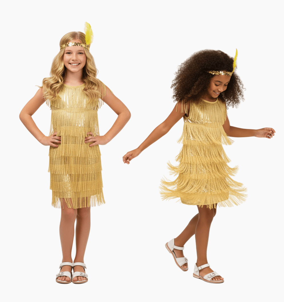 Yellow / 4-6T Girl's 1920s Flapper Dress with Sequins and Fringe