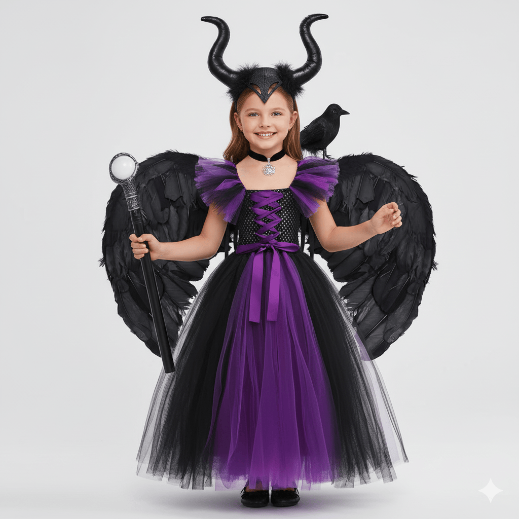 Girl's Dark Fairy Costume, Dress + Horn Headband + Wings + Staff + Crow + Trick-or-Treat Bag / 8-9T Girl's Dark Fairy Costume, Dress + Horn Headband + Wings + Staff + Crow + Trick-or-Treat Bag / 8-9T