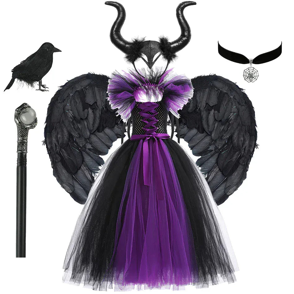 Dress + Horn Headband + Wings + Lace Gloves + Staff / 2-3T Girl's Dark Fairy Costume