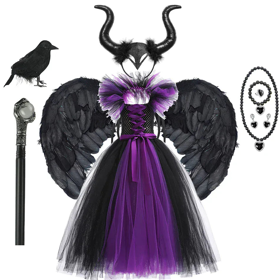 Dress + Horn Headband + Wings + Staff + Mask / 2-3T Girl's Dark Fairy Costume