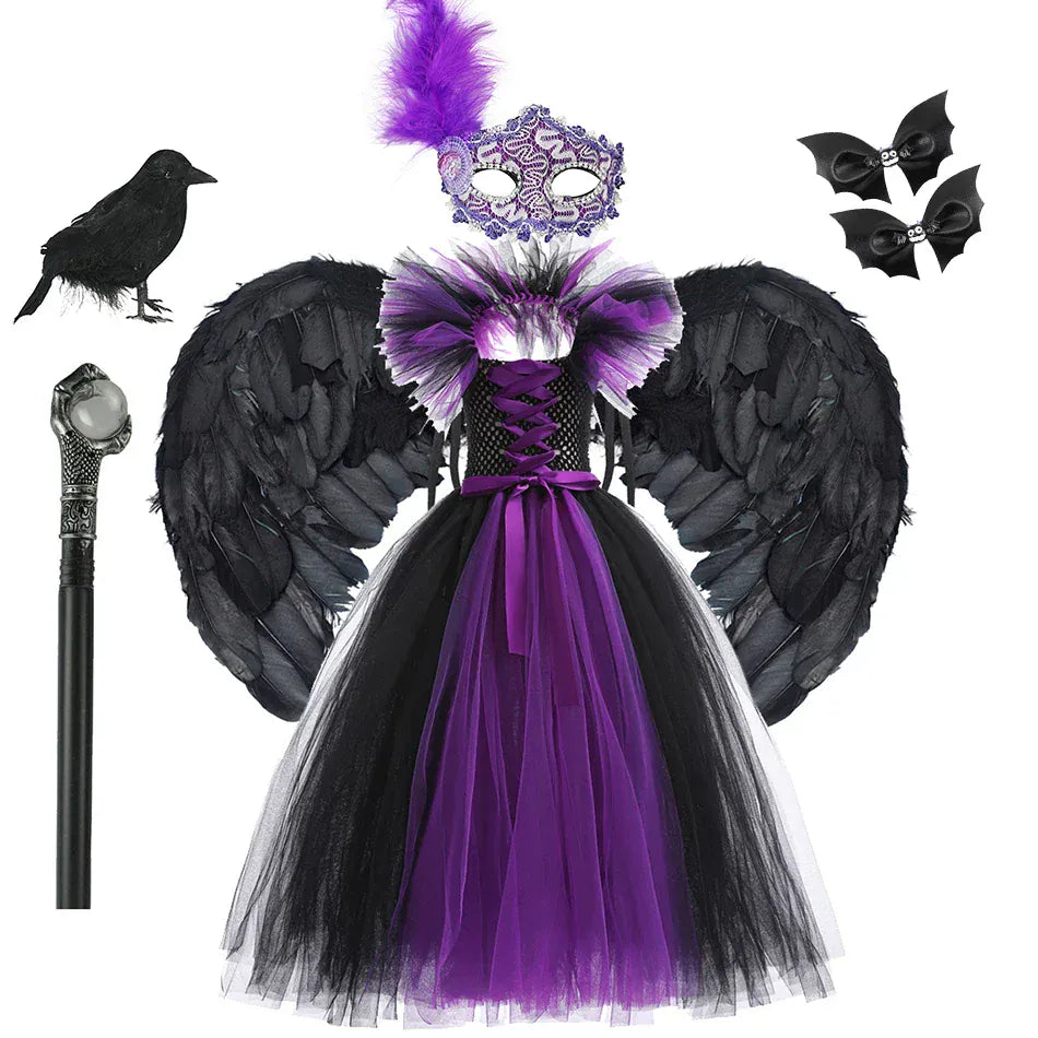 Dress + Crown + Wand + Wings + Feather Headpiece / 2-3T Girl's Dark Fairy Costume