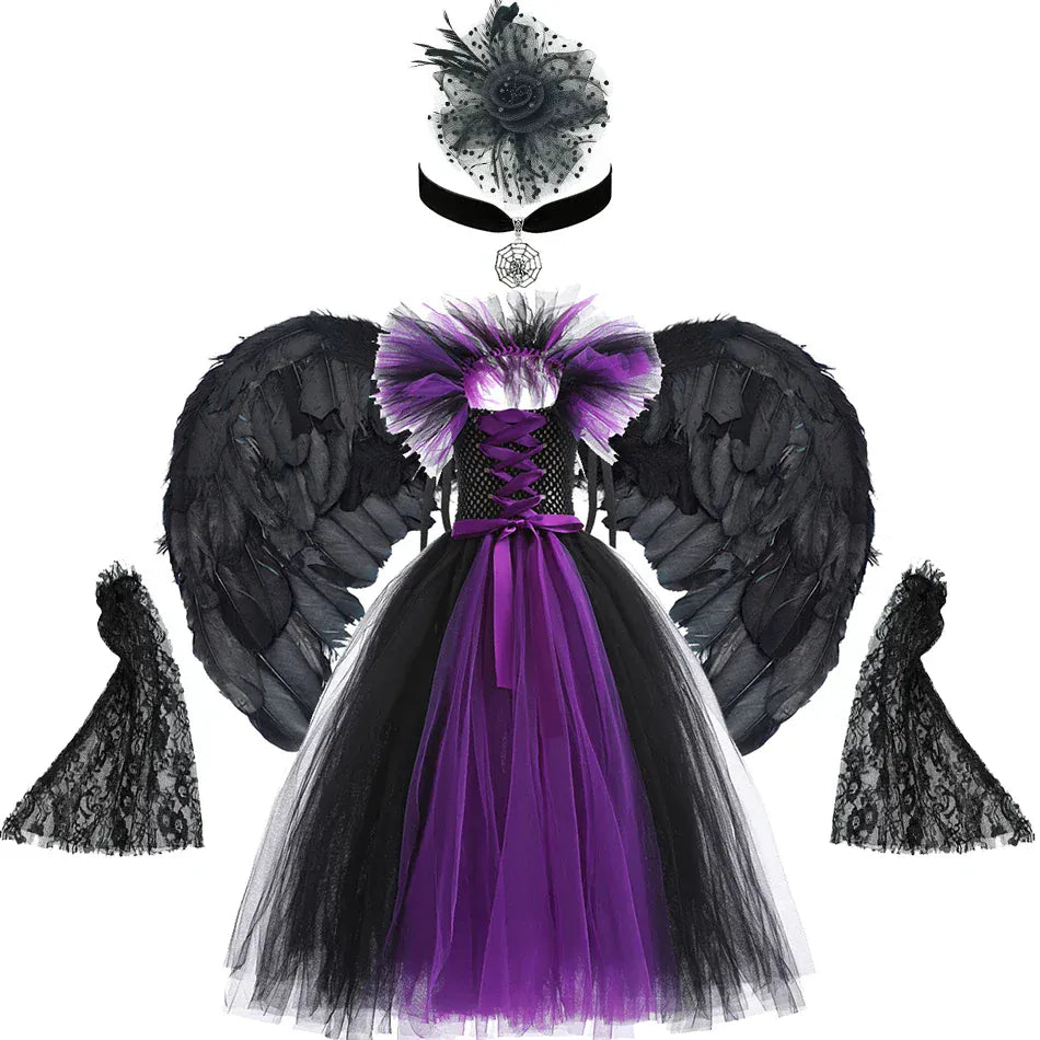 Dress + Witch Hat + Broom + Wings + Staff / 2-3T Girl's Dark Fairy Costume