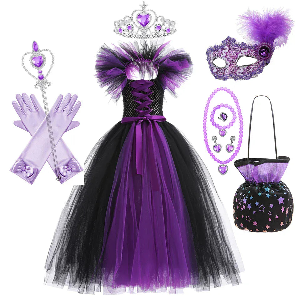 Dress + Crown + Wand + Gloves + Pumpkin Bag + Mask + Feather Headpiece / 2-3T Girl's Dark Fairy Costume