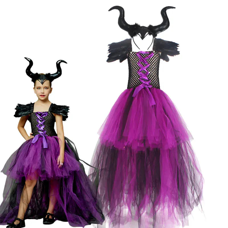 Girl's Clothing Witch Dress with Horn Headband / 2-3T Girl's Evil Queen Costume with High-Low Skirt