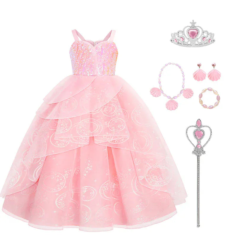 Dress + Crown + Wand + Shell Necklace + Earrings + Bracelet / 3-4T Girl's Pink Princess Ball Gown