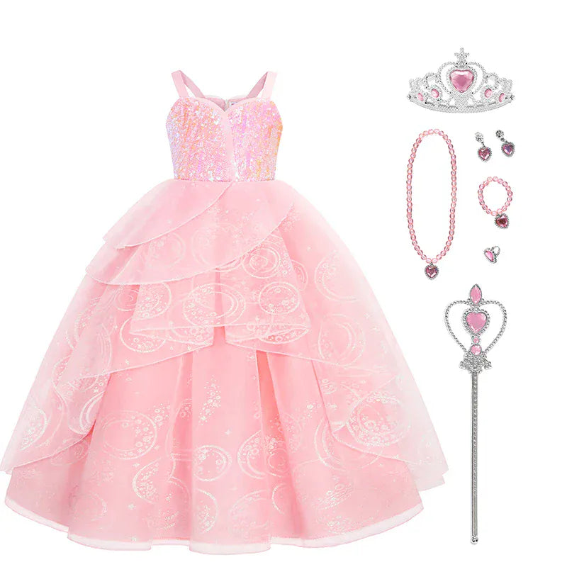 Dress + Crown + Wand + Necklace + Earrings + Bracelet + Ring / 3-4T Girl's Pink Princess Ball Gown
