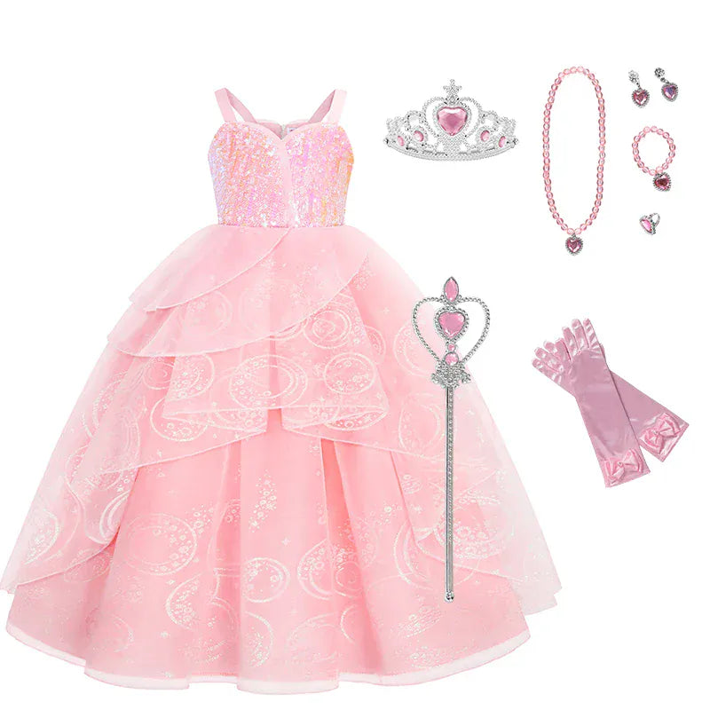 Crown + Wand + Necklace + Earrings + Bracelet + Ring + Gloves / 3-4T Girl's Pink Princess Ball Gown