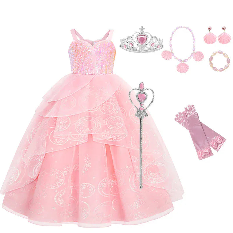 Crown + Wand + Necklace + Earrings + Bracelet + Gloves / 3-4T Girl's Pink Princess Ball Gown